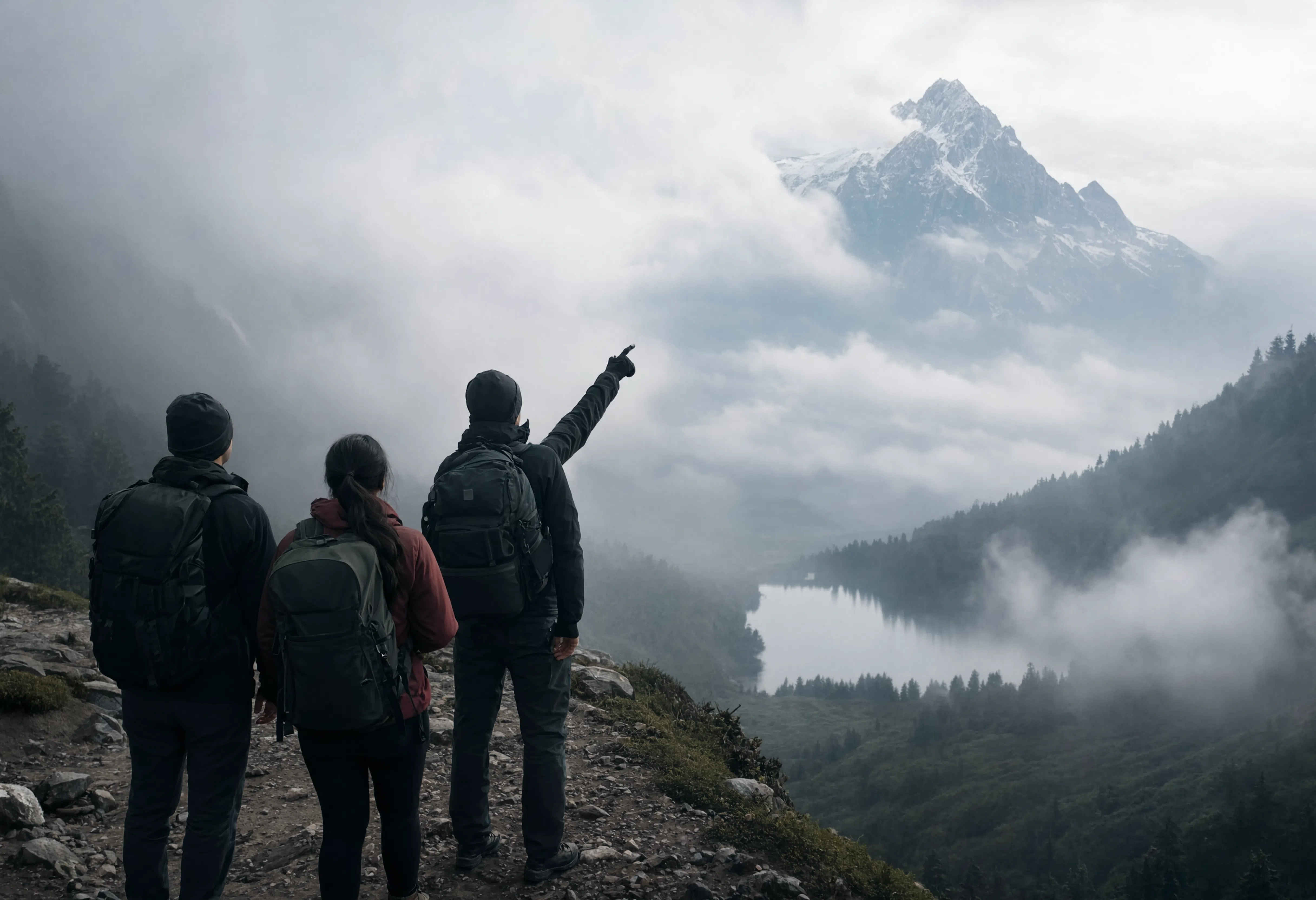 Bergstille-Guide mit Reisenden am Eibsee bei Morgennebel