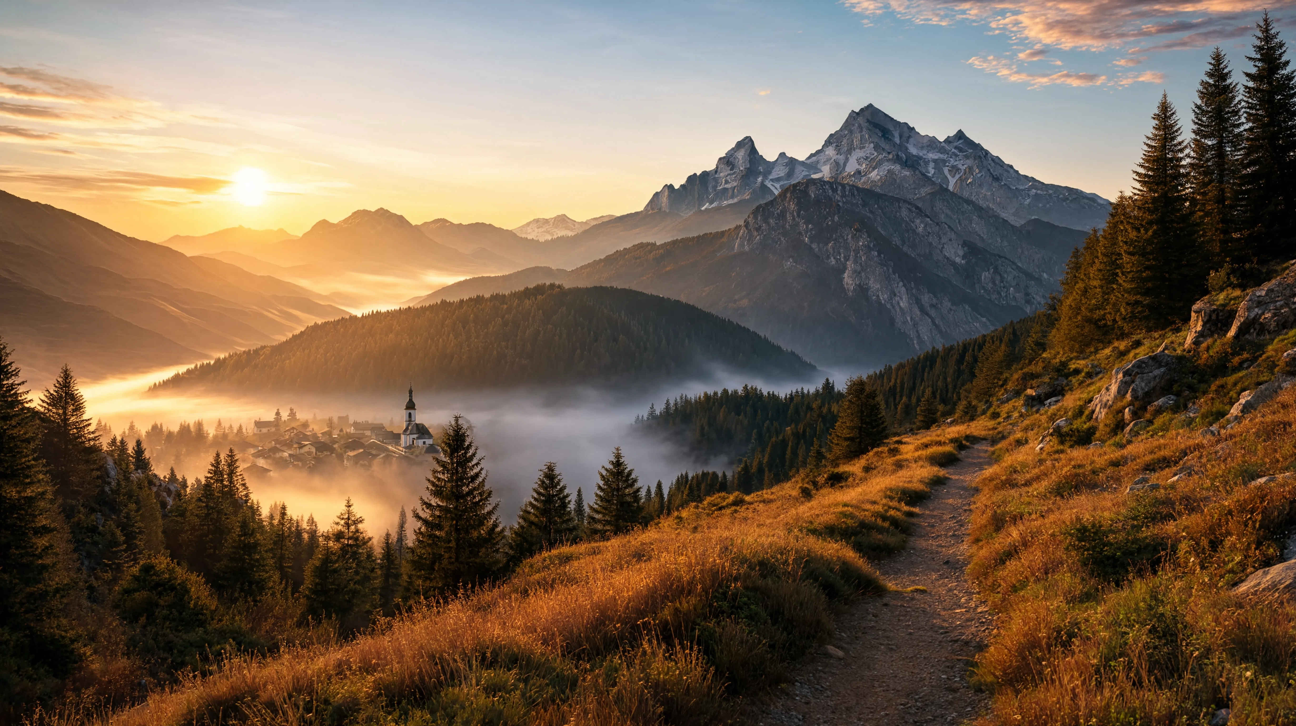 Bayerische Alpen im Morgennebel mit Tannenwäldern
