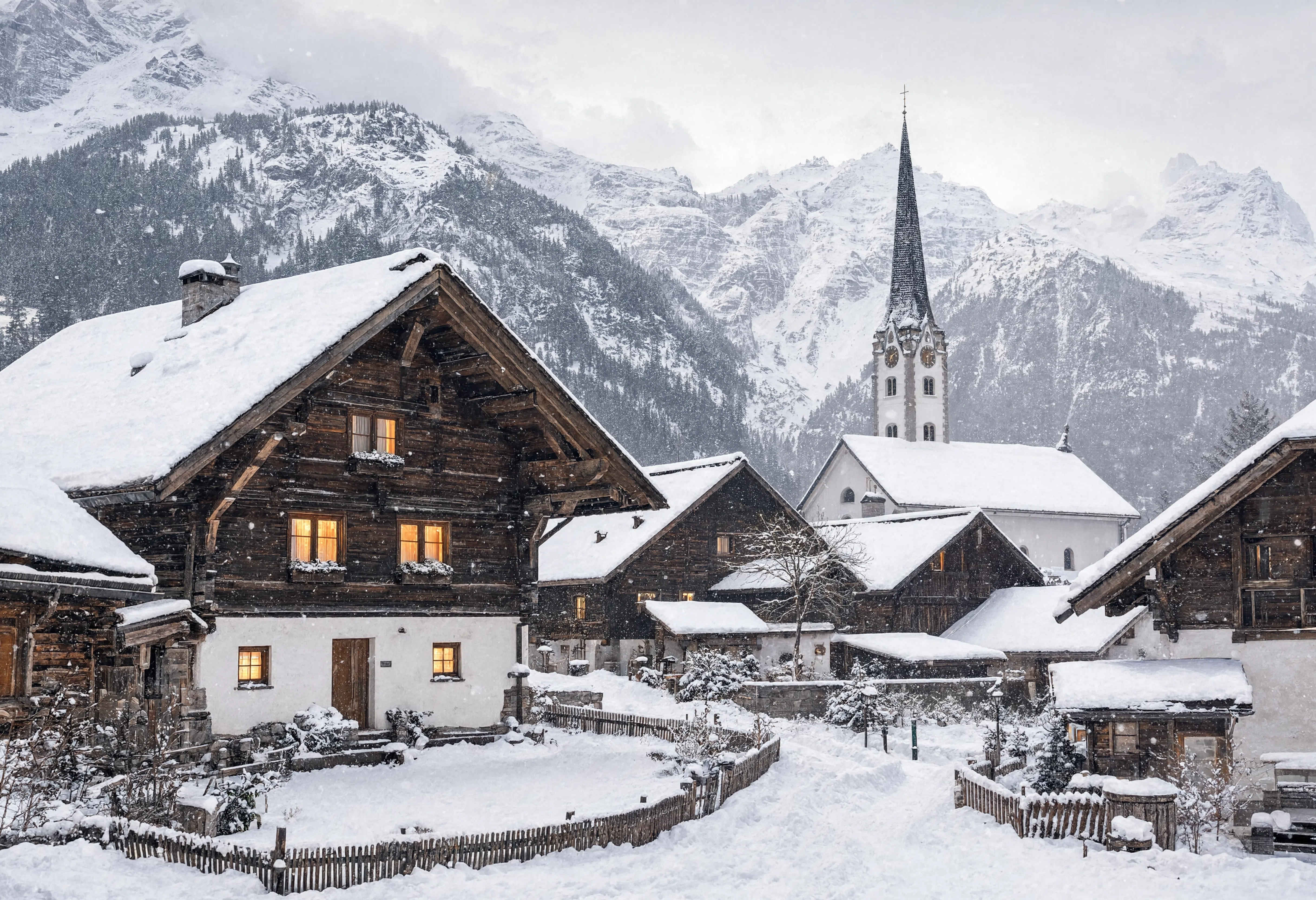 Bayerisches Bergdorf im Winter mit Schnee und Holzhäusern